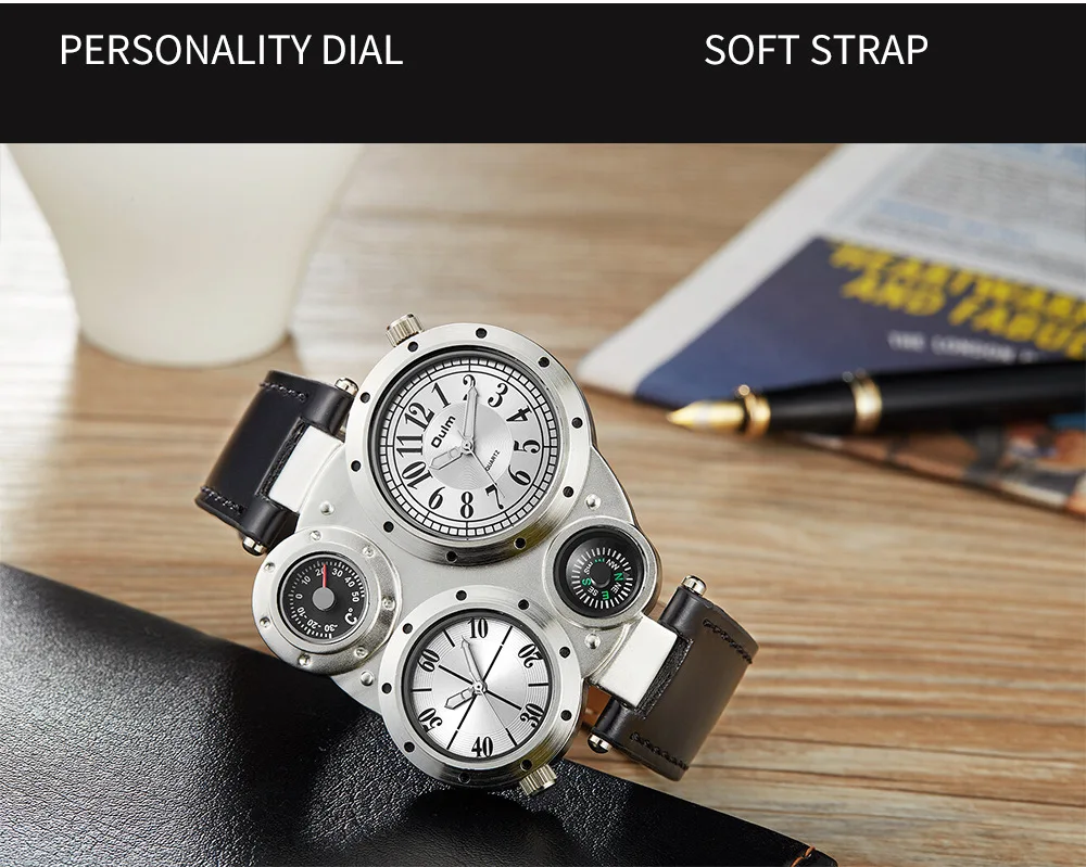 Oulm Fashion Luxury Men's Watch Double Time Zone Large Dial Luminous Leather Strip Men's Quartz Watches relojes para hombre
