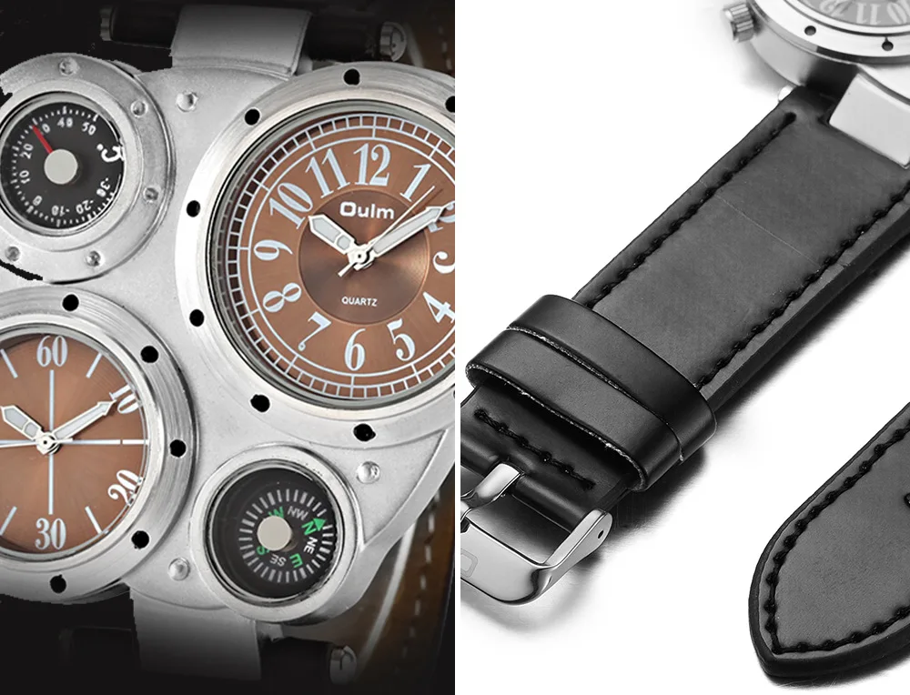 Oulm Fashion Luxury Men's Watch Double Time Zone Large Dial Luminous Leather Strip Men's Quartz Watches relojes para hombre