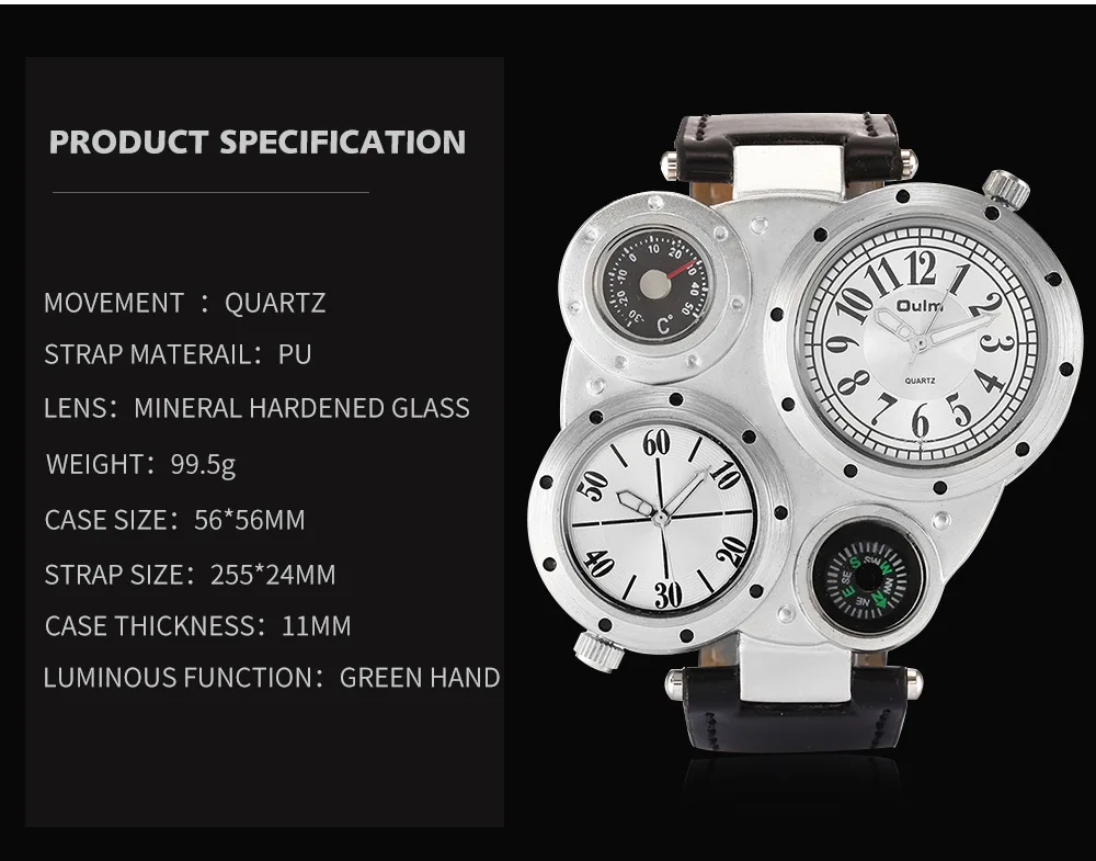 Oulm Fashion Luxury Men's Watch Double Time Zone Large Dial Luminous Leather Strip Men's Quartz Watches relojes para hombre
