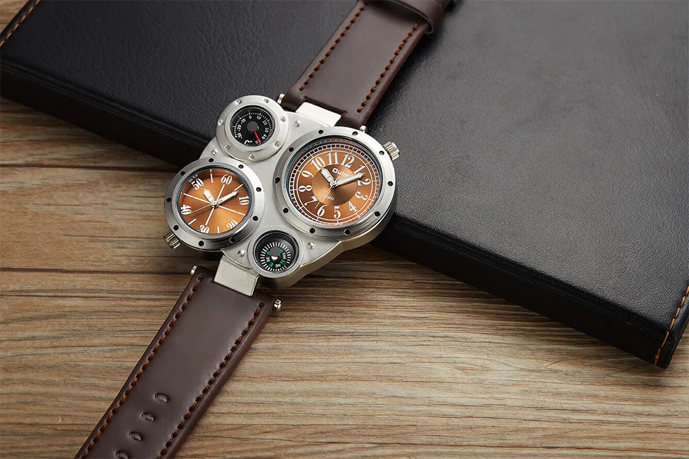 Oulm Fashion Luxury Men's Watch Double Time Zone Large Dial Luminous Leather Strip Men's Quartz Watches relojes para hombre