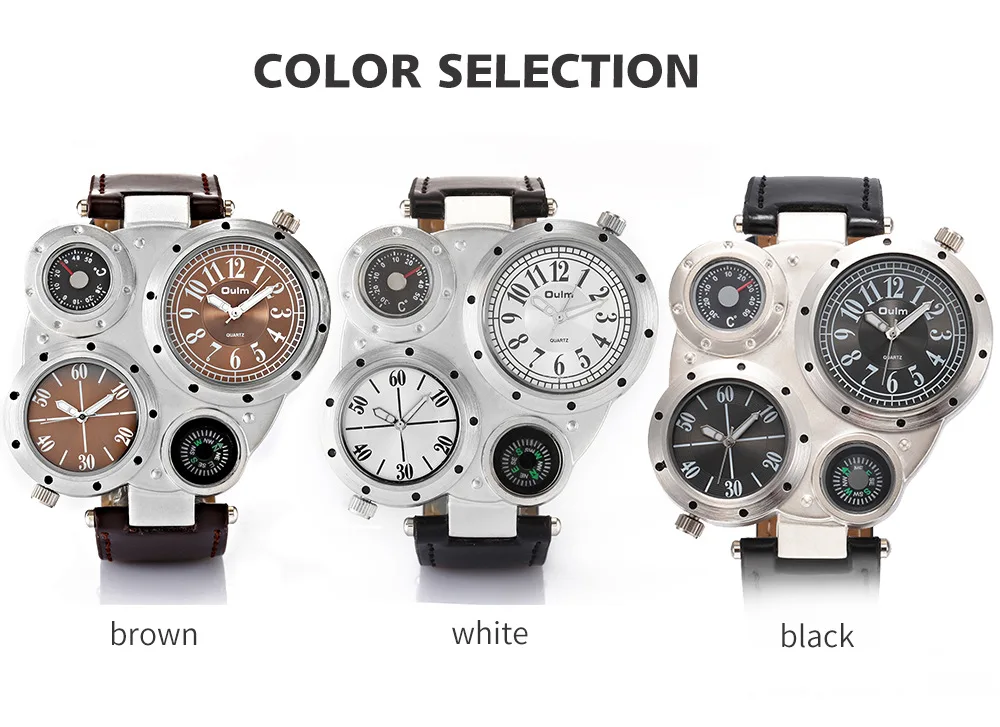 Oulm Fashion Luxury Men's Watch Double Time Zone Large Dial Luminous Leather Strip Men's Quartz Watches relojes para hombre