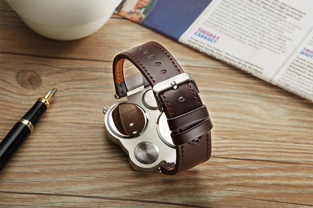 Oulm Fashion Luxury Men's Watch Double Time Zone Large Dial Luminous Leather Strip Men's Quartz Watches relojes para hombre