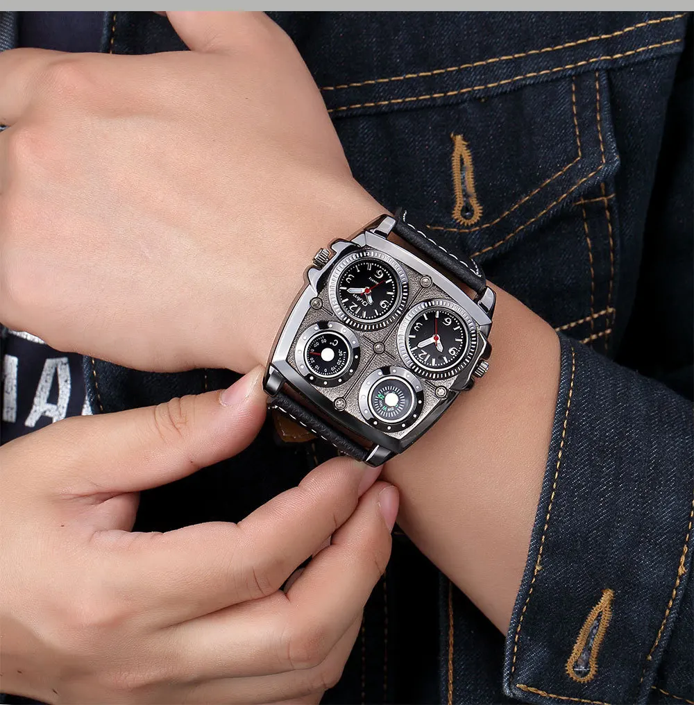 Oulm Fashion Casual Cool Streetstyle Men's Watch Double Time Zone Large Dial Luminous Leather Strap Men's Quartz Watches reloj