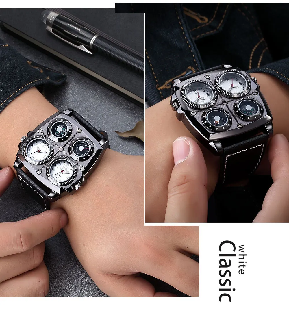 Oulm Fashion Casual Cool Streetstyle Men's Watch Double Time Zone Large Dial Luminous Leather Strap Men's Quartz Watches reloj