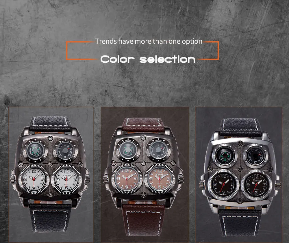 Oulm Fashion Casual Cool Streetstyle Men's Watch Double Time Zone Large Dial Luminous Leather Strap Men's Quartz Watches reloj