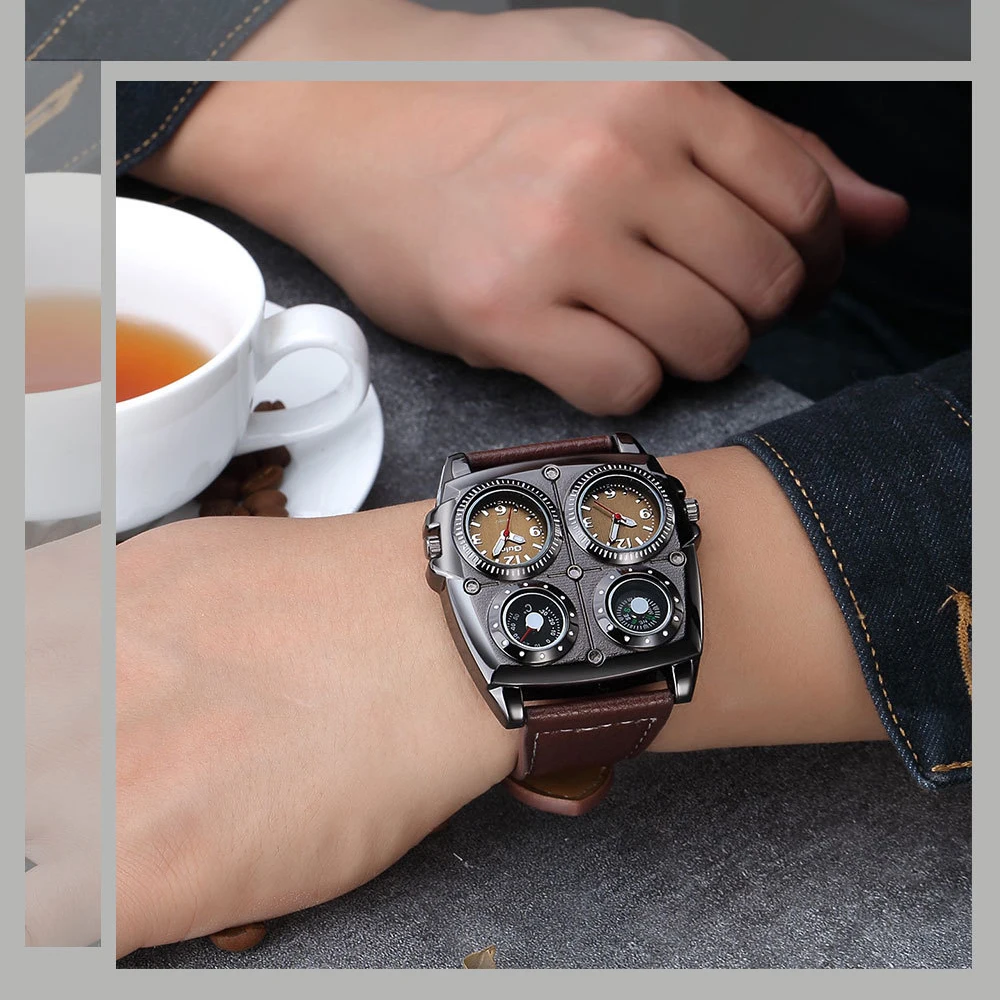 Oulm Fashion Casual Cool Streetstyle Men's Watch Double Time Zone Large Dial Luminous Leather Strap Men's Quartz Watches reloj