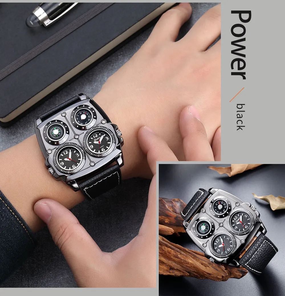 Oulm Fashion Casual Cool Streetstyle Men's Watch Double Time Zone Large Dial Luminous Leather Strap Men's Quartz Watches reloj