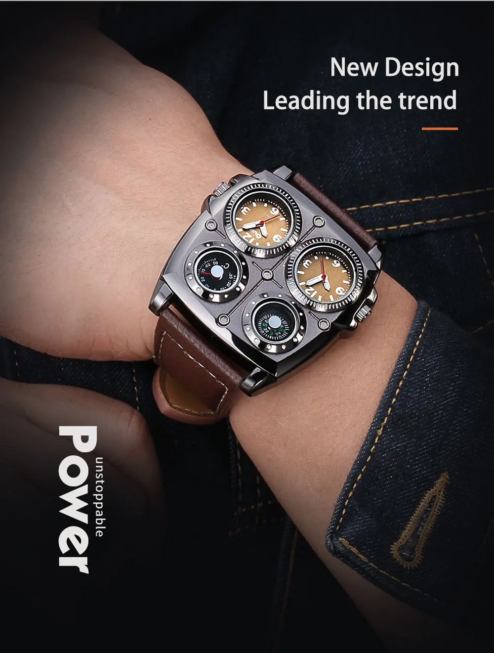 Oulm Fashion Casual Cool Streetstyle Men's Watch Double Time Zone Large Dial Luminous Leather Strap Men's Quartz Watches reloj