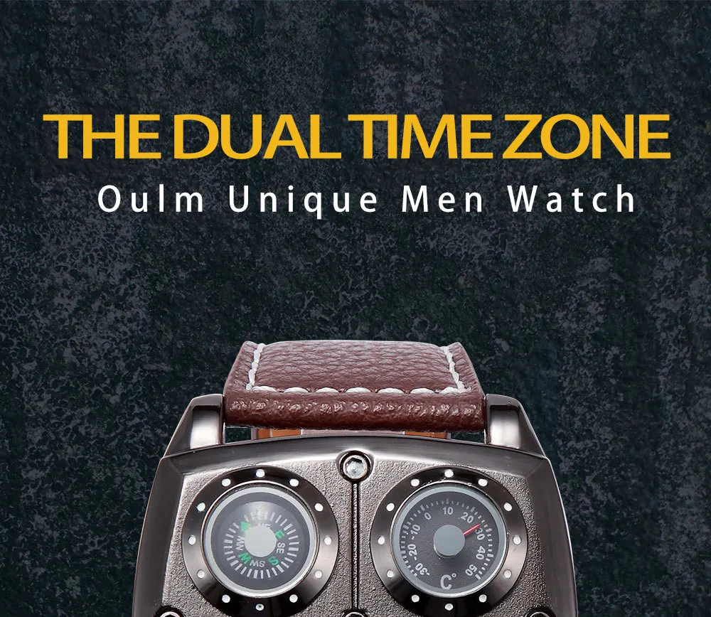 Oulm Fashion Casual Cool Streetstyle Men's Watch Double Time Zone Large Dial Luminous Leather Strap Men's Quartz Watches reloj