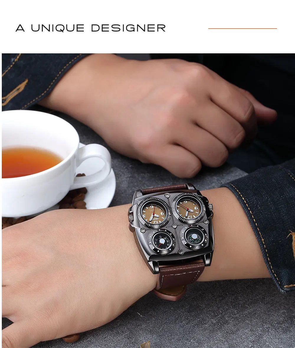 Oulm Fashion Casual Cool Streetstyle Men's Watch Double Time Zone Large Dial Luminous Leather Strap Men's Quartz Watches reloj