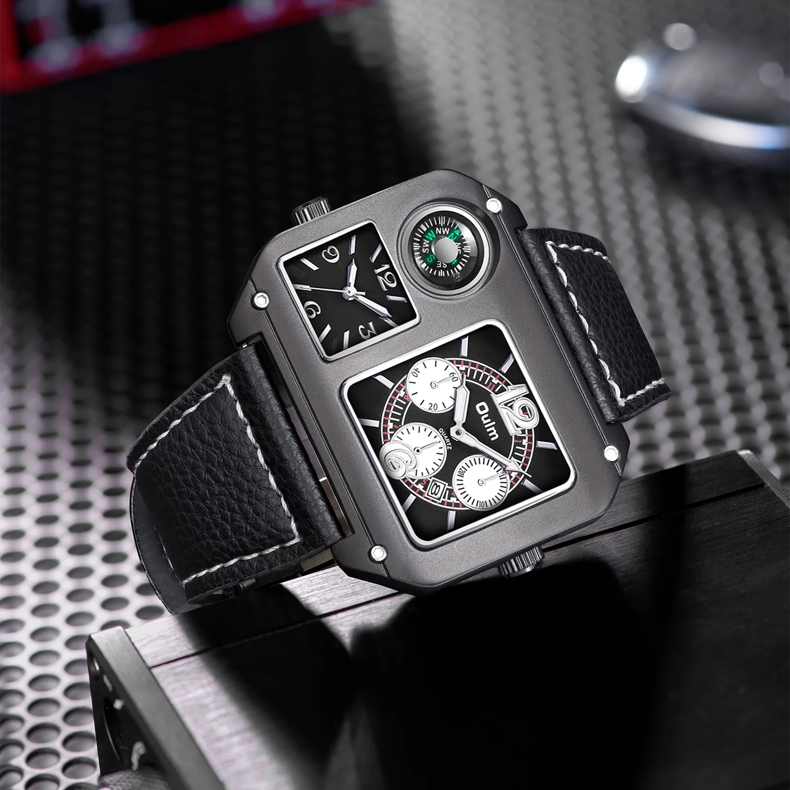 Oulm Original 9150 Two Time Zone Sport Watch Large Dial Big Size Male Quartz Clock Decorative Compass Men Military Watches