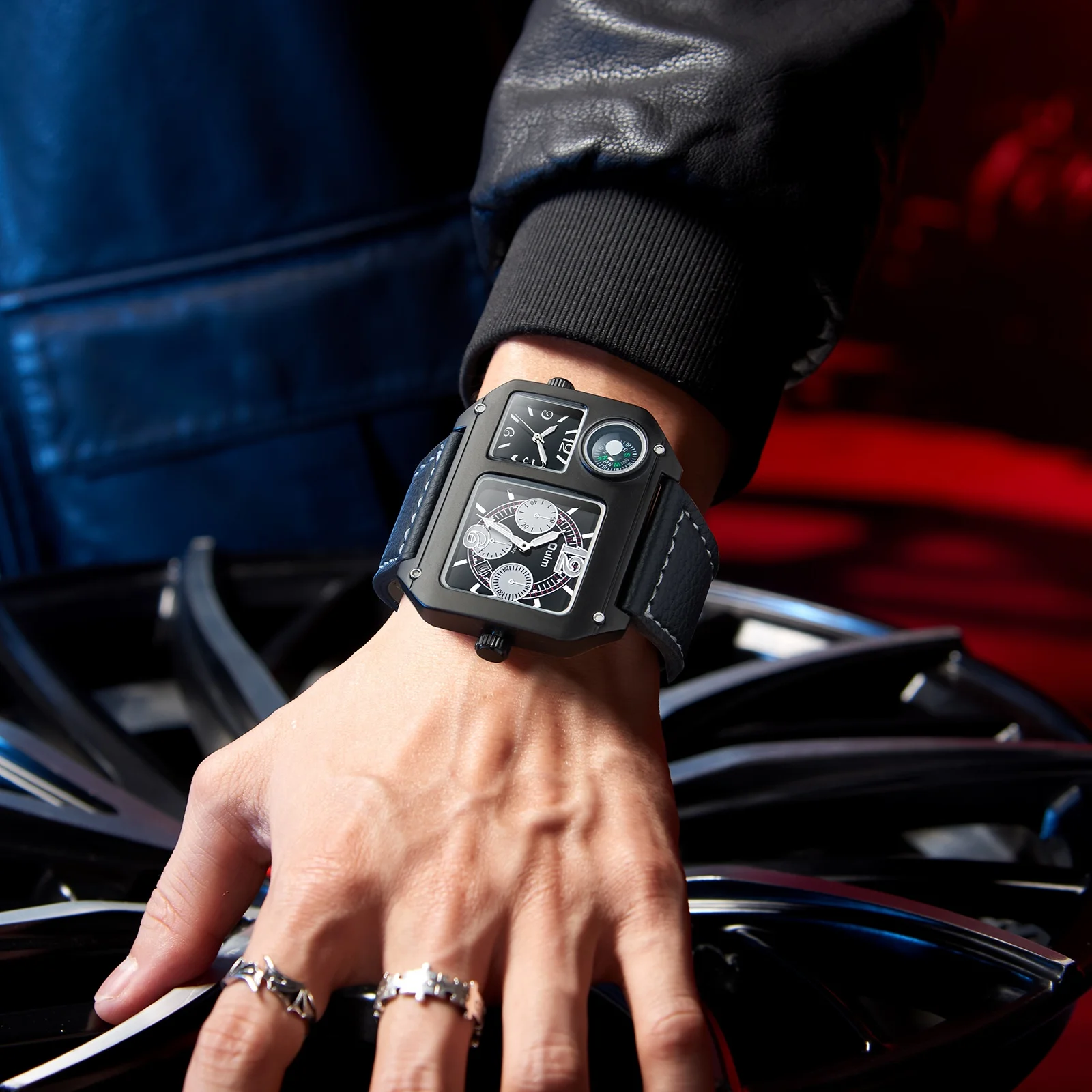 Oulm Original 9150 Two Time Zone Sport Watch Large Dial Big Size Male Quartz Clock Decorative Compass Men Military Watches