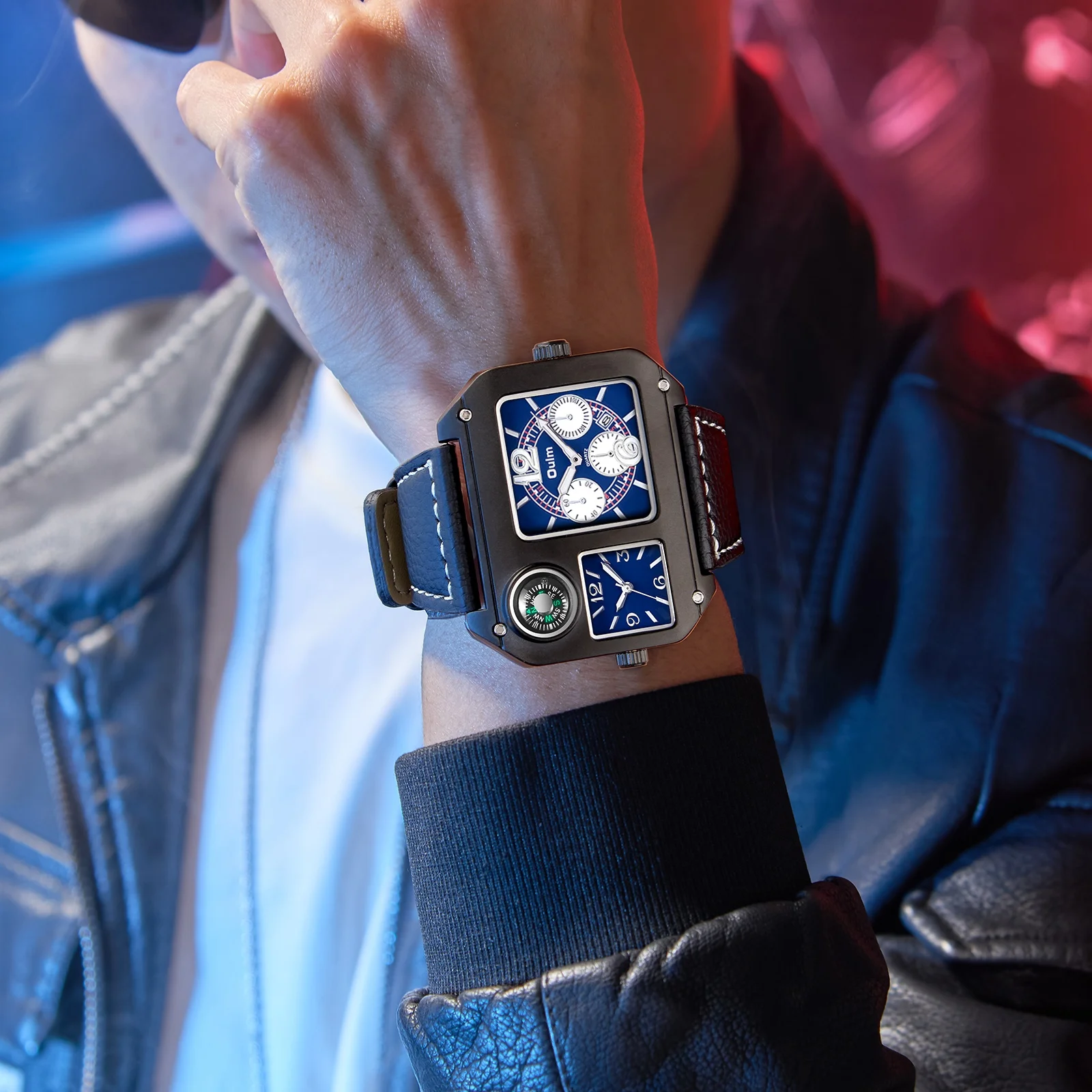 Oulm Original 9150 Two Time Zone Sport Watch Large Dial Big Size Male Quartz Clock Decorative Compass Men Military Watches