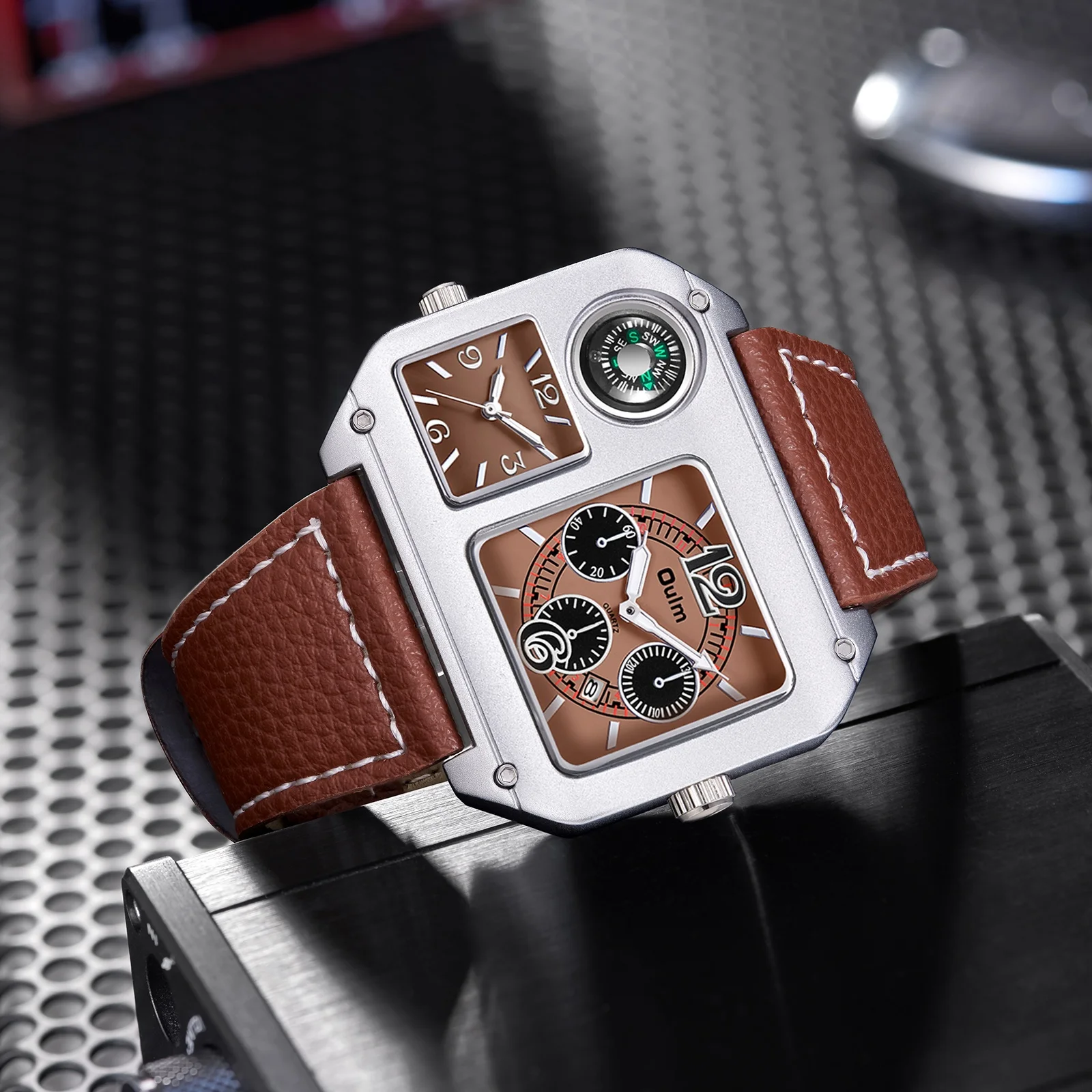 Oulm Original 9150 Two Time Zone Sport Watch Large Dial Big Size Male Quartz Clock Decorative Compass Men Military Watches