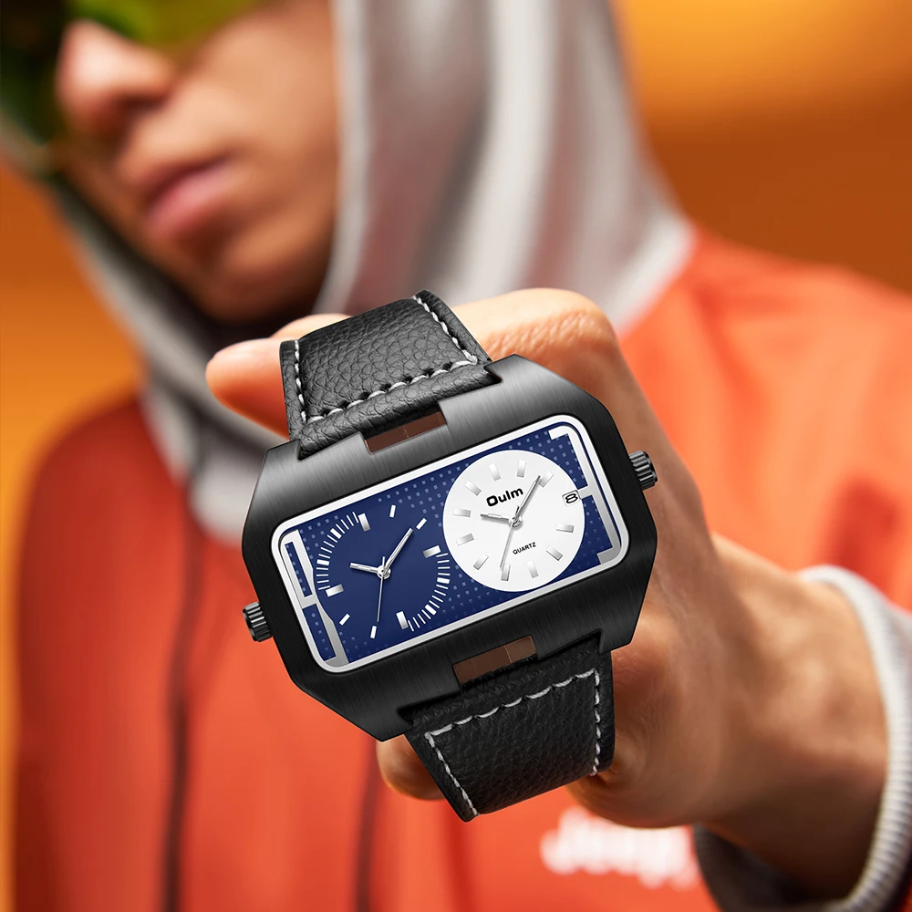 Oulm New Fashion Trend Cool Men's Watch Night Light Calendar Function Dual Time Zone Rectangular Large Dial Quartz Watch reloj