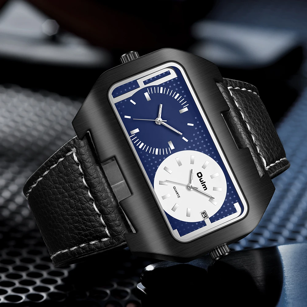 Oulm New Fashion Trend Cool Men's Watch Night Light Calendar Function Dual Time Zone Rectangular Large Dial Quartz Watch reloj