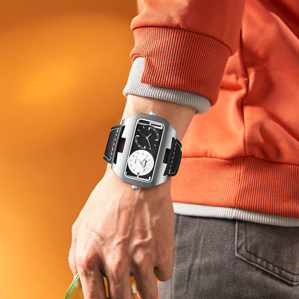 Oulm New Fashion Trend Cool Men's Watch Night Light Calendar Function Dual Time Zone Rectangular Large Dial Quartz Watch reloj