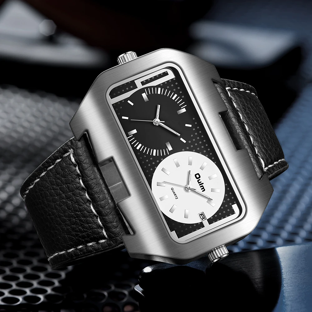 Oulm New Fashion Trend Cool Men's Watch Night Light Calendar Function Dual Time Zone Rectangular Large Dial Quartz Watch reloj