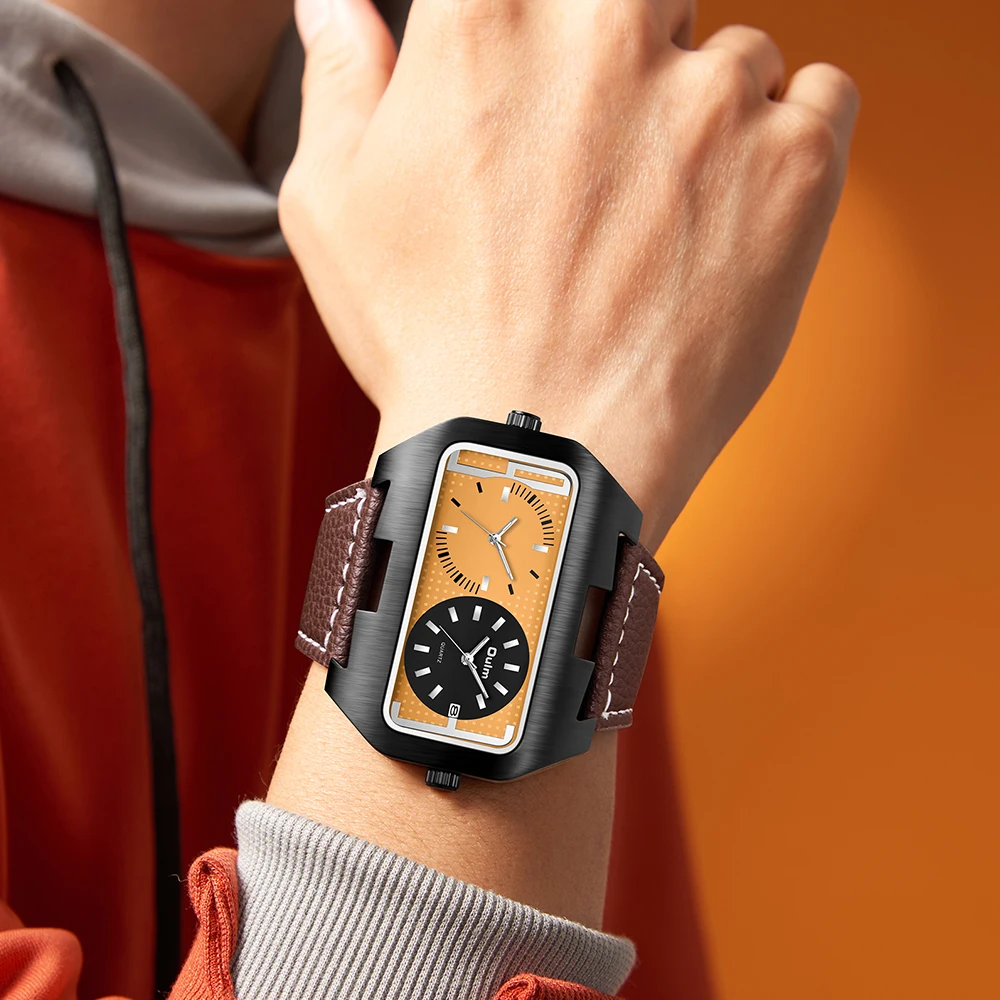 Oulm New Fashion Trend Cool Men's Watch Night Light Calendar Function Dual Time Zone Rectangular Large Dial Quartz Watch reloj