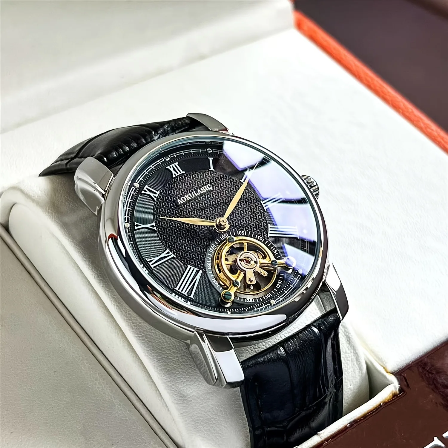 Luxury Men's Automatic Mechanical Watch - Fashionable Hollow Design, Fashionable Business Casual Style, Alloy Case and Leather Strap, No Battery