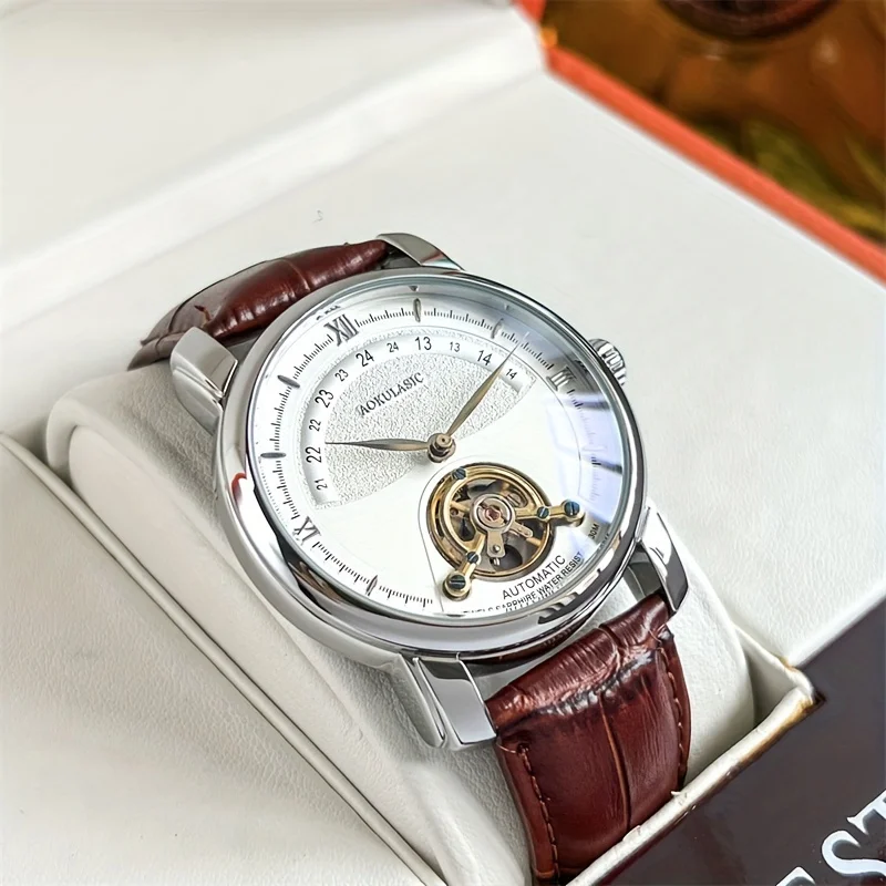 Luxury Men's Automatic Mechanical Watch - Fashionable Hollow Design, Fashionable Business Casual Style, Alloy Case and Leather Strap, No Battery