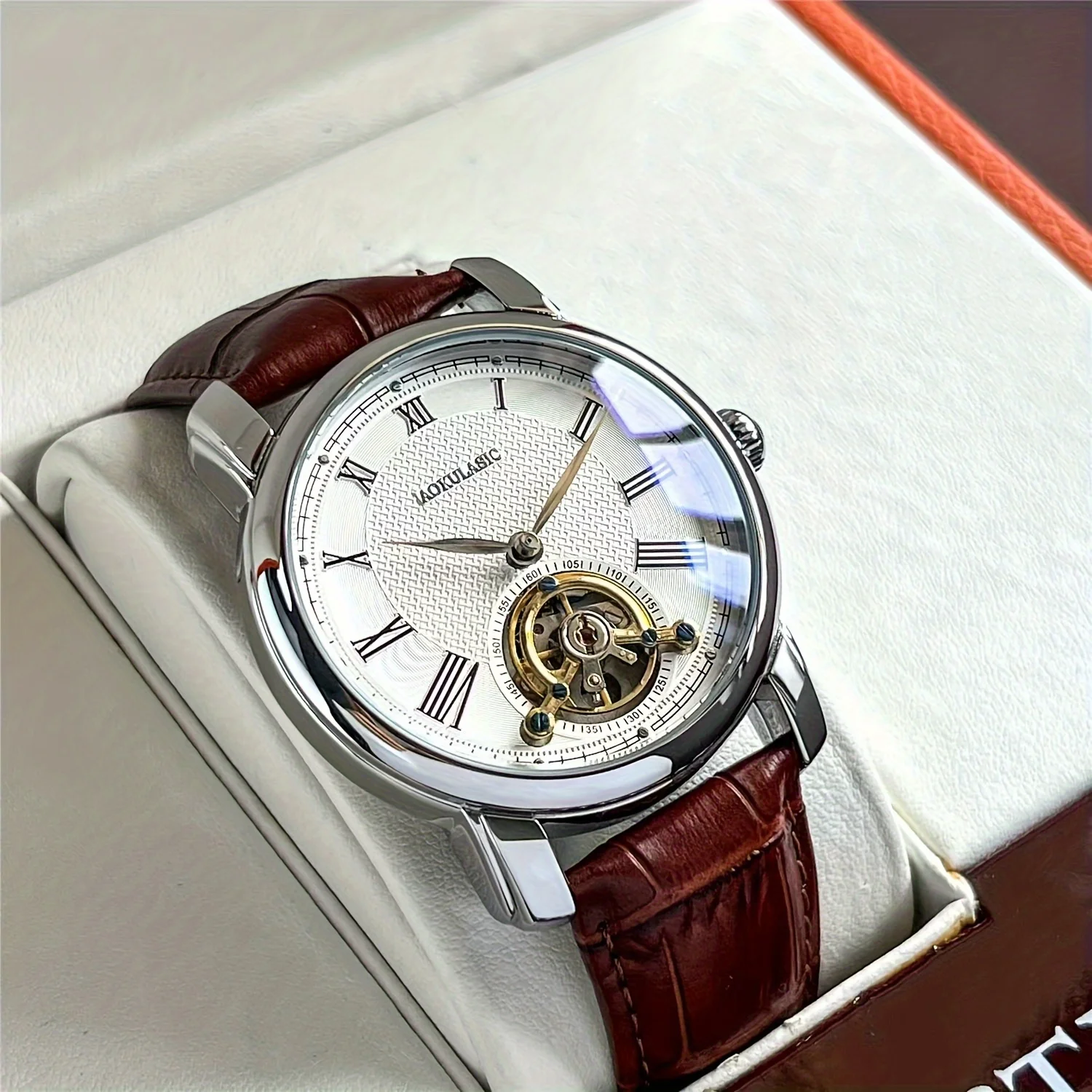 Luxury Men's Automatic Mechanical Watch - Fashionable Hollow Design, Fashionable Business Casual Style, Alloy Case and Leather Strap, No Battery
