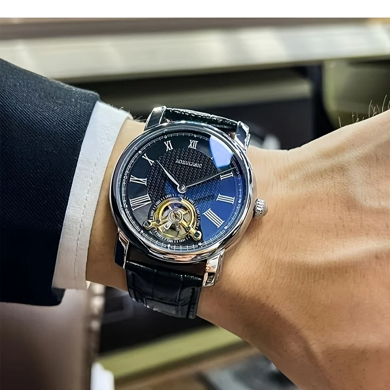 Luxury Men's Automatic Mechanical Watch - Fashionable Hollow Design, Fashionable Business Casual Style, Alloy Case and Leather Strap, No Battery