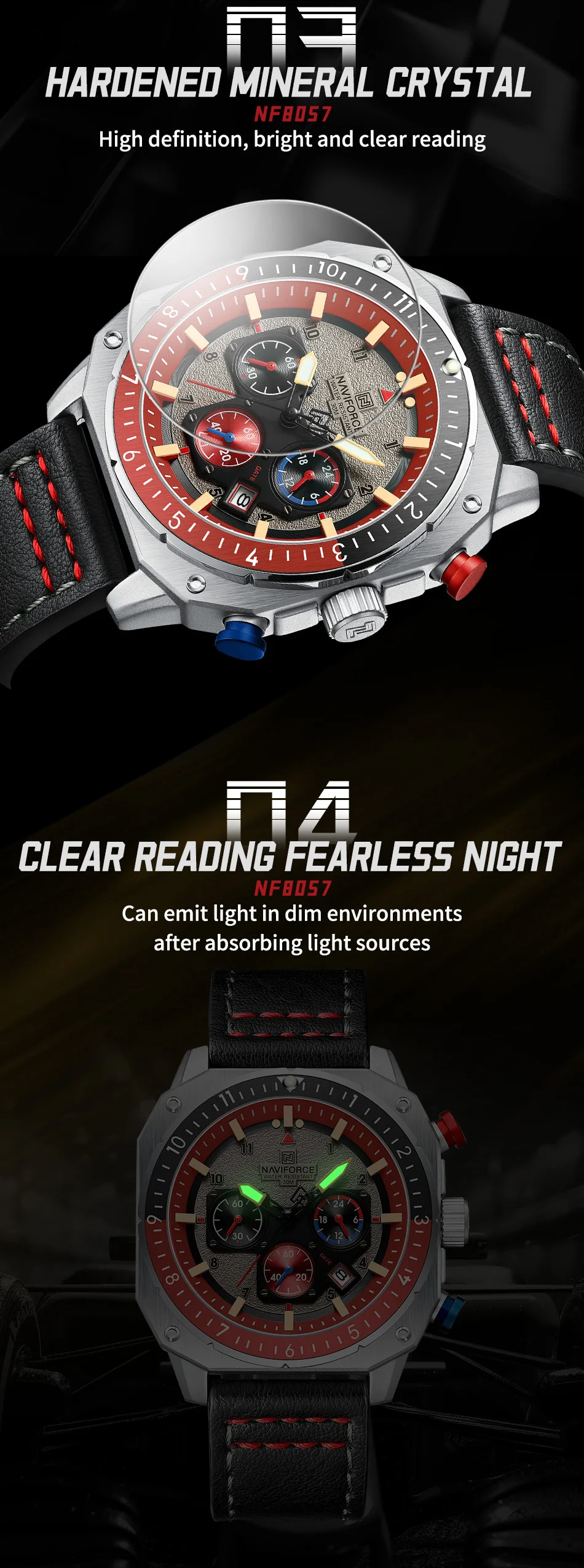 NAVIFORCE Sports Multifunction Waterproof Watches for Men Fashion Leather Luxury Brand Quartz Analog Luminous Square Wrist Watch