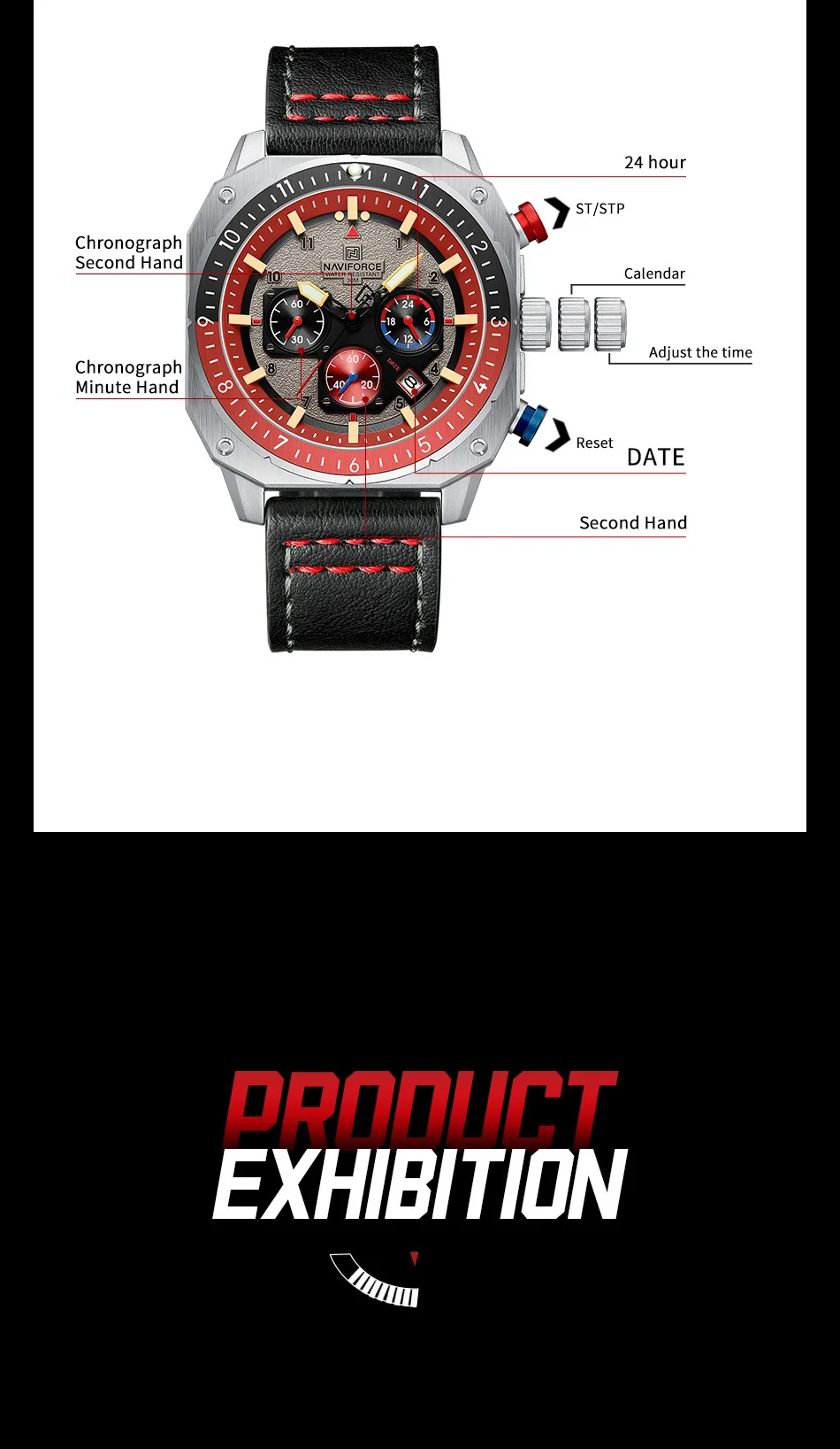 NAVIFORCE Sports Multifunction Waterproof Watches for Men Fashion Leather Luxury Brand Quartz Analog Luminous Square Wrist Watch