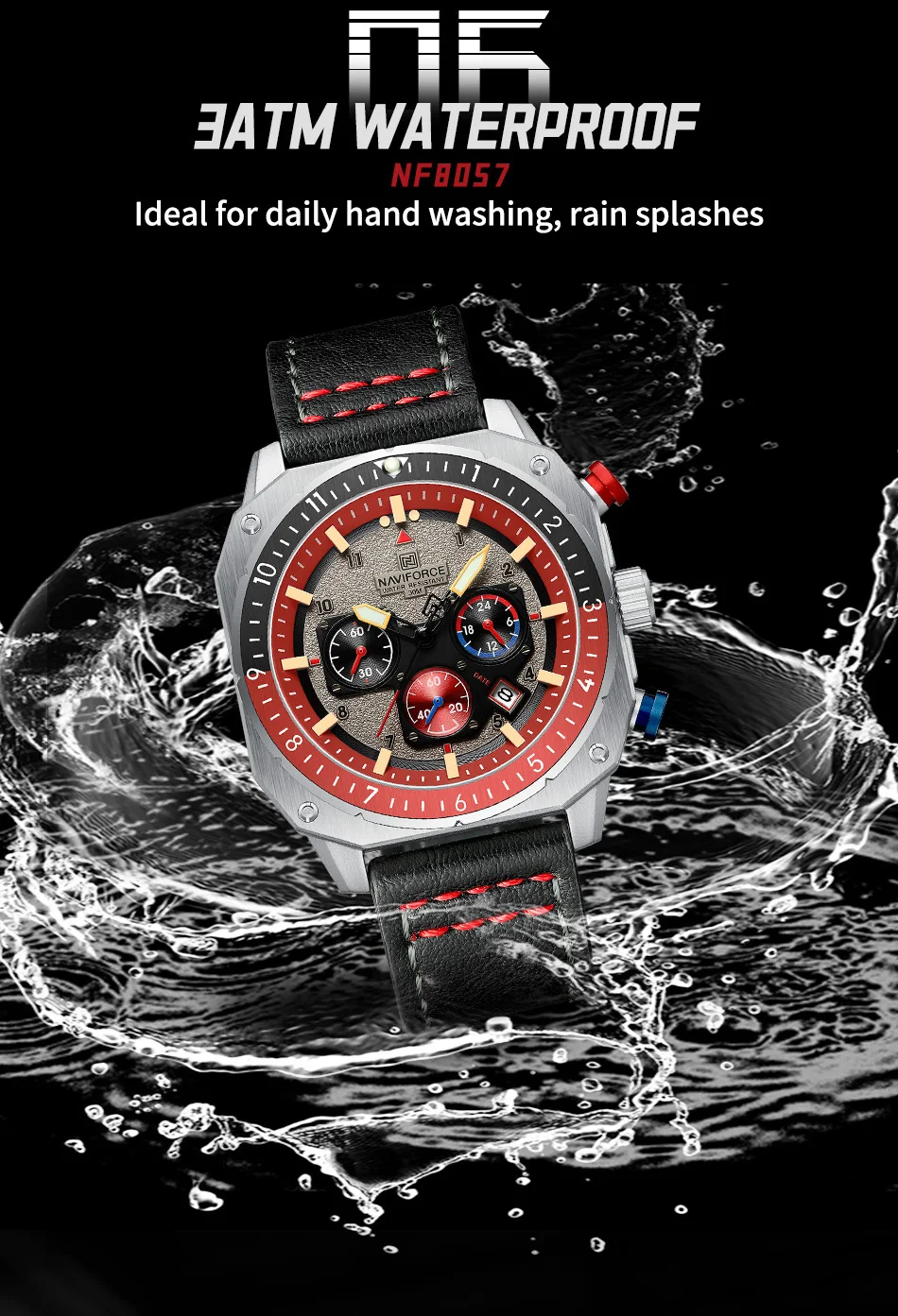 NAVIFORCE Sports Multifunction Waterproof Watches for Men Fashion Leather Luxury Brand Quartz Analog Luminous Square Wrist Watch