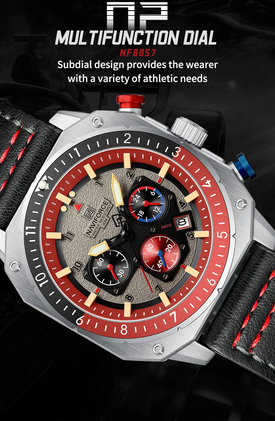 NAVIFORCE Sports Multifunction Waterproof Watches for Men Fashion Leather Luxury Brand Quartz Analog Luminous Square Wrist Watch