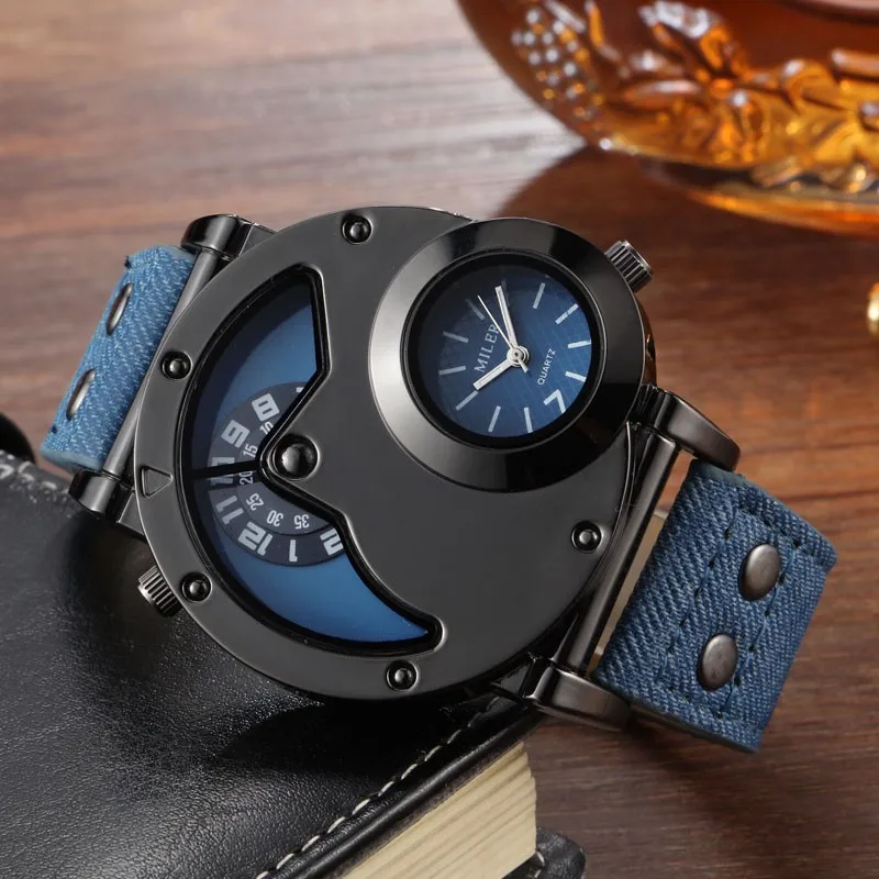 Fashion Cowboy Blue Denim Watches Men Sports Watches 2 Time Zone Leather Strap Quartz Wristwatches Man Watch Relogio Masculino Fashion Cowboy Blue Denim Watches Men Sports Watches 2 Time Zone Leather Strap Quartz Wristwatches Man Watch Relogio Masculino