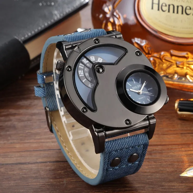 Fashion Cowboy Blue Denim Watches Men Sports Watches 2 Time Zone Leather Strap Quartz Wristwatches Man Watch Relogio Masculino Fashion Cowboy Blue Denim Watches Men Sports Watches 2 Time Zone Leather Strap Quartz Wristwatches Man Watch Relogio Masculino