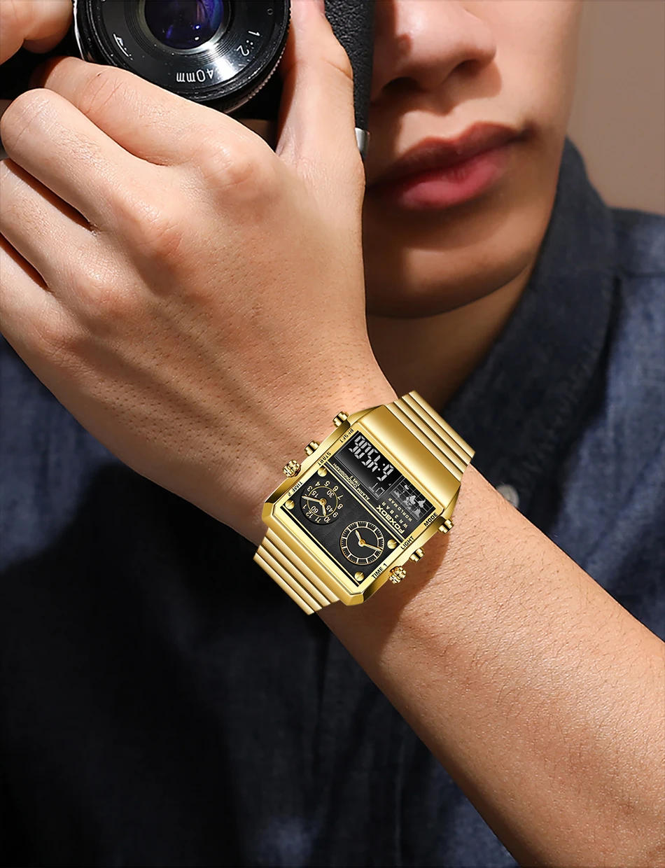 LIGE New Sport Mens Watches FOXBOX Brand Luxury Square Watch For Men Fashion Waterproof Dual Display Watch Relogio Masculino+box