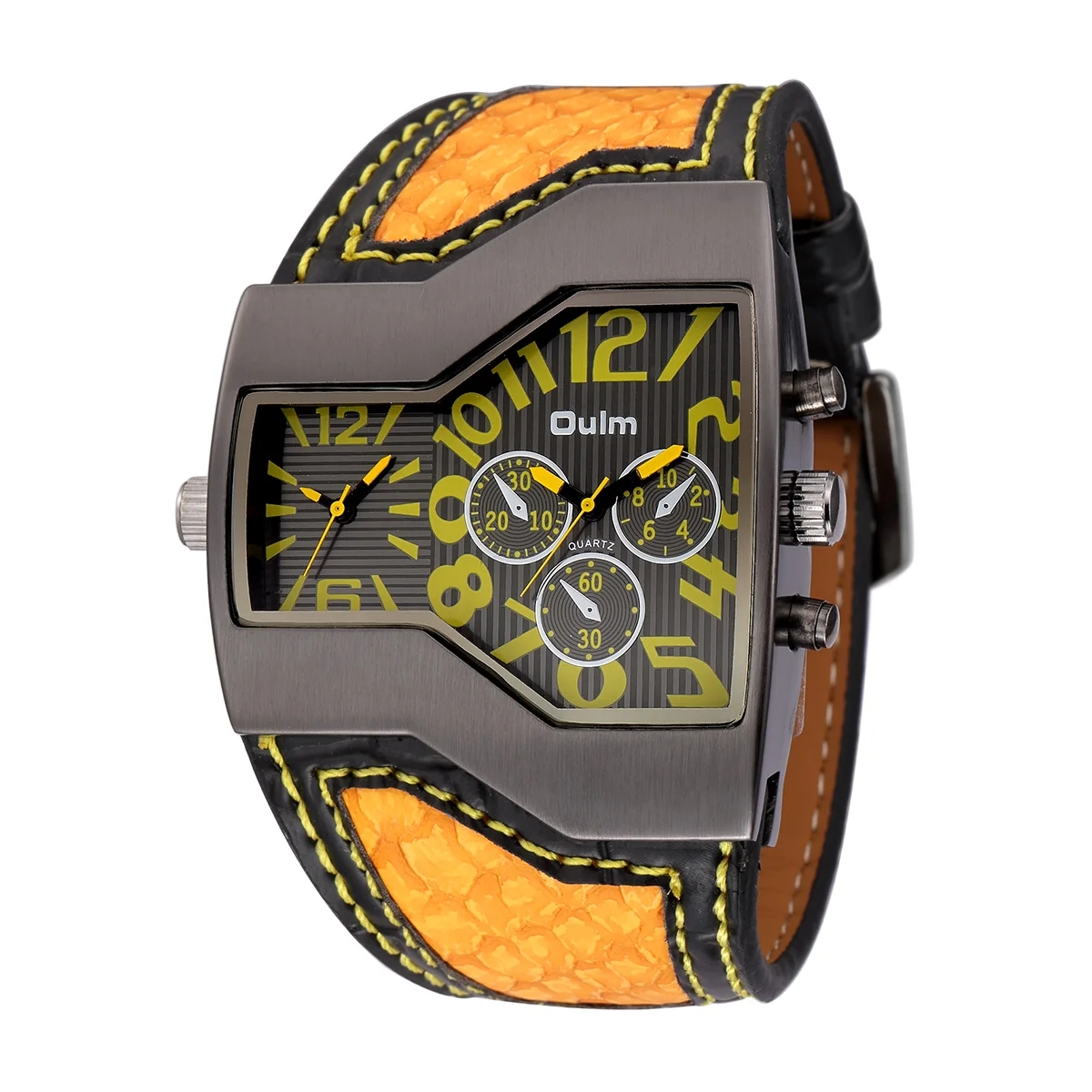 Oulm Luxury Men's Watches Big Dial Quartz Casual Double Time Show Leather Band Watch 1220 Male Sports Wristwatches