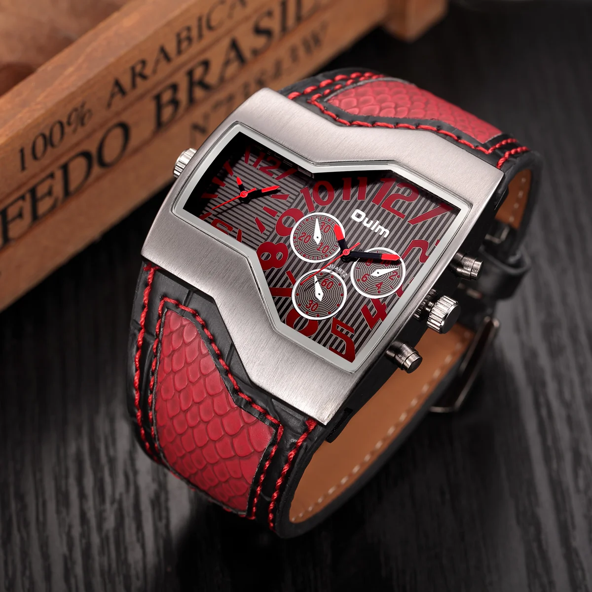 Oulm Luxury Men's Watches Big Dial Quartz Casual Double Time Show Leather Band Watch 1220 Male Sports Wristwatches