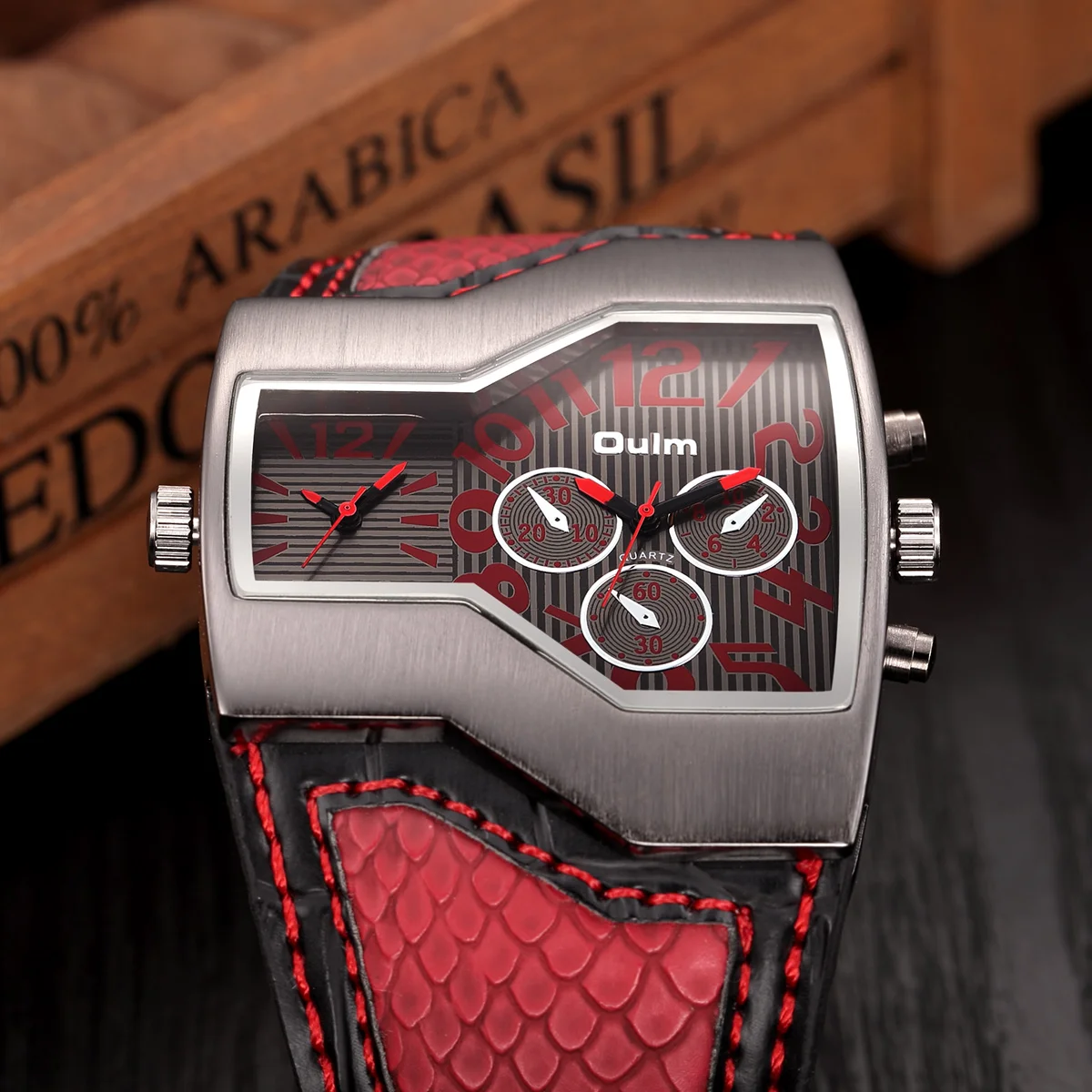 Oulm Luxury Men's Watches Big Dial Quartz Casual Double Time Show Leather Band Watch 1220 Male Sports Wristwatches