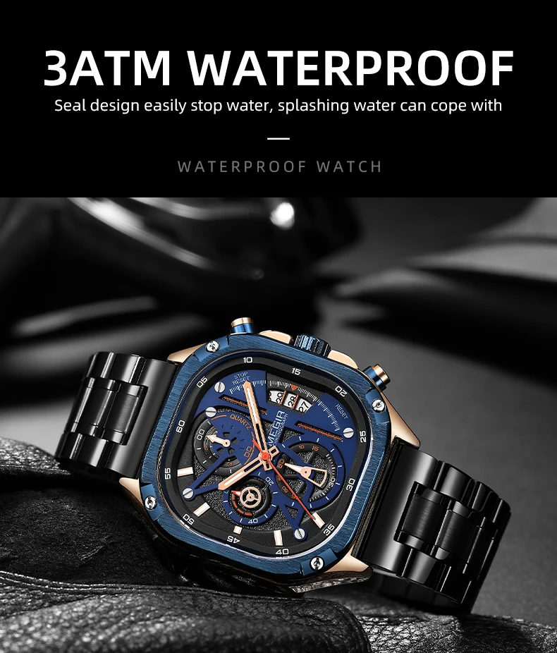 MEGIR Black Quartz Watch Men Waterproof Square Dial Wristwatch with Chronograph Stainless Steel Strap Luminous Hands Auto Date