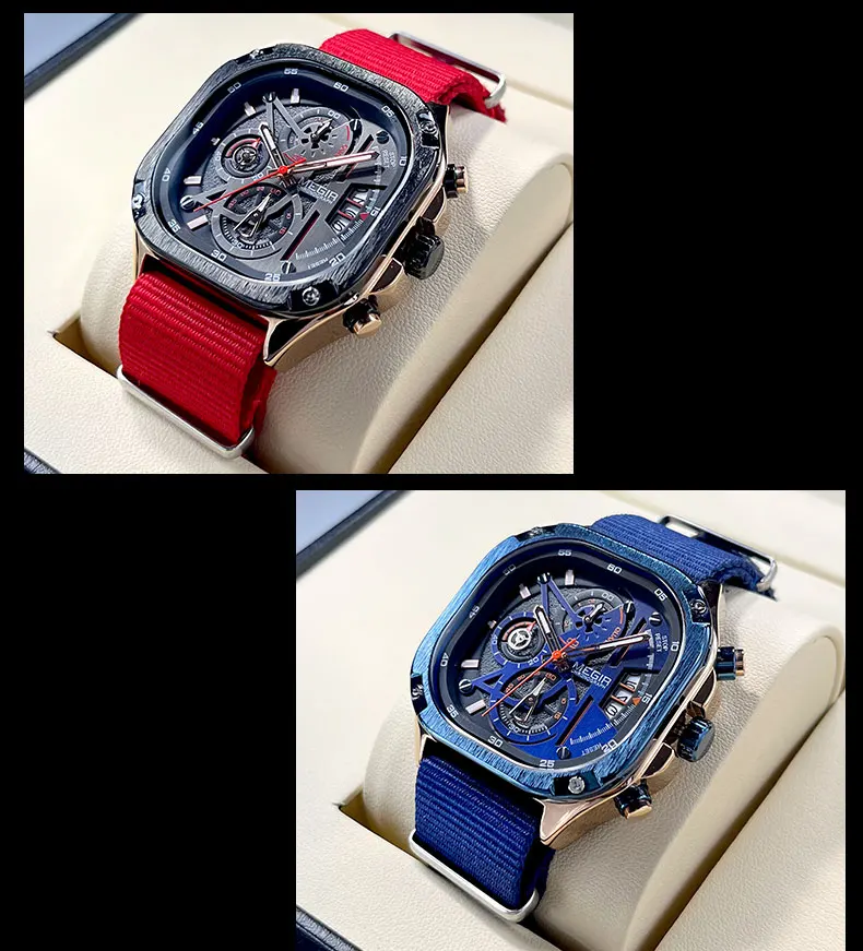 MEGIR Black Quartz Watch Men Waterproof Square Dial Wristwatch with Chronograph Stainless Steel Strap Luminous Hands Auto Date