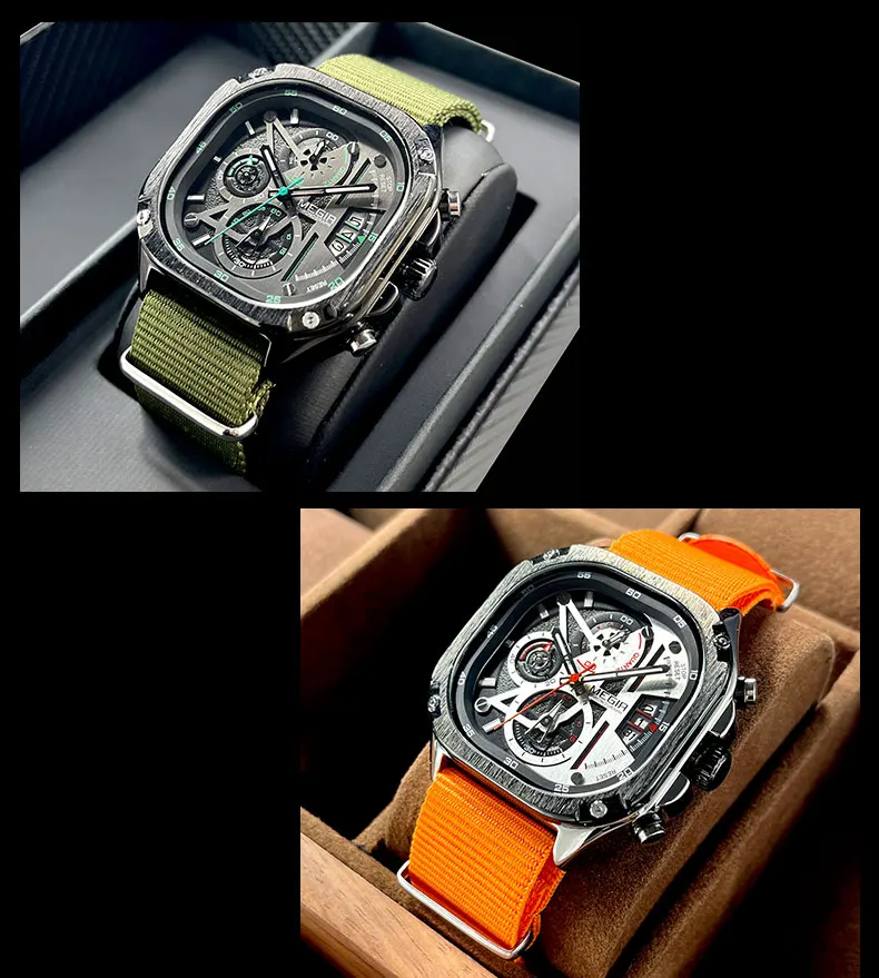 MEGIR Black Quartz Watch Men Waterproof Square Dial Wristwatch with Chronograph Stainless Steel Strap Luminous Hands Auto Date