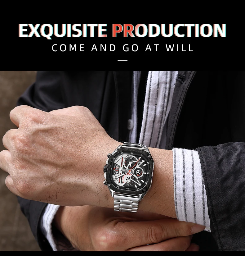 MEGIR Black Quartz Watch Men Waterproof Square Dial Wristwatch with Chronograph Stainless Steel Strap Luminous Hands Auto Date