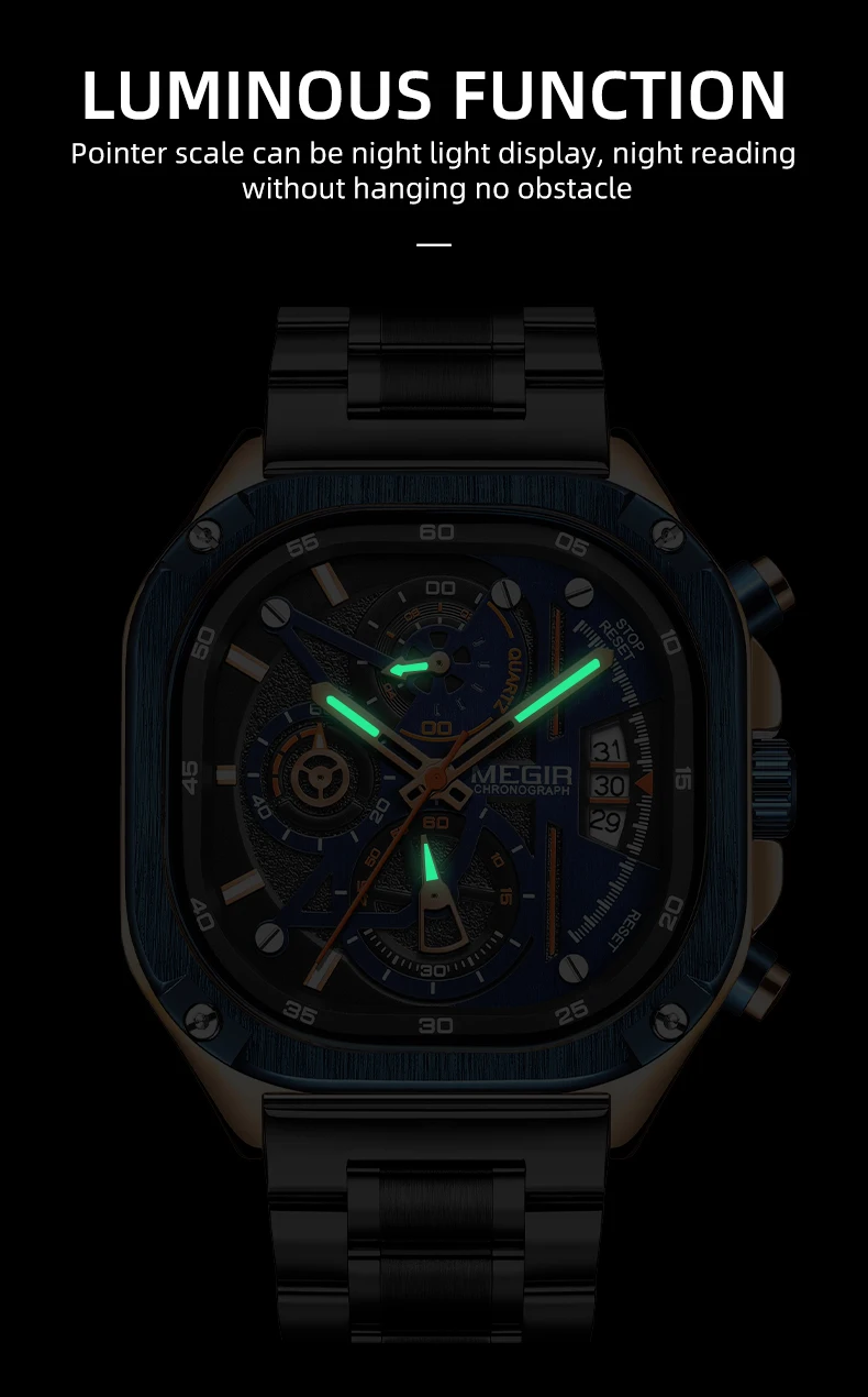 MEGIR Black Quartz Watch Men Waterproof Square Dial Wristwatch with Chronograph Stainless Steel Strap Luminous Hands Auto Date