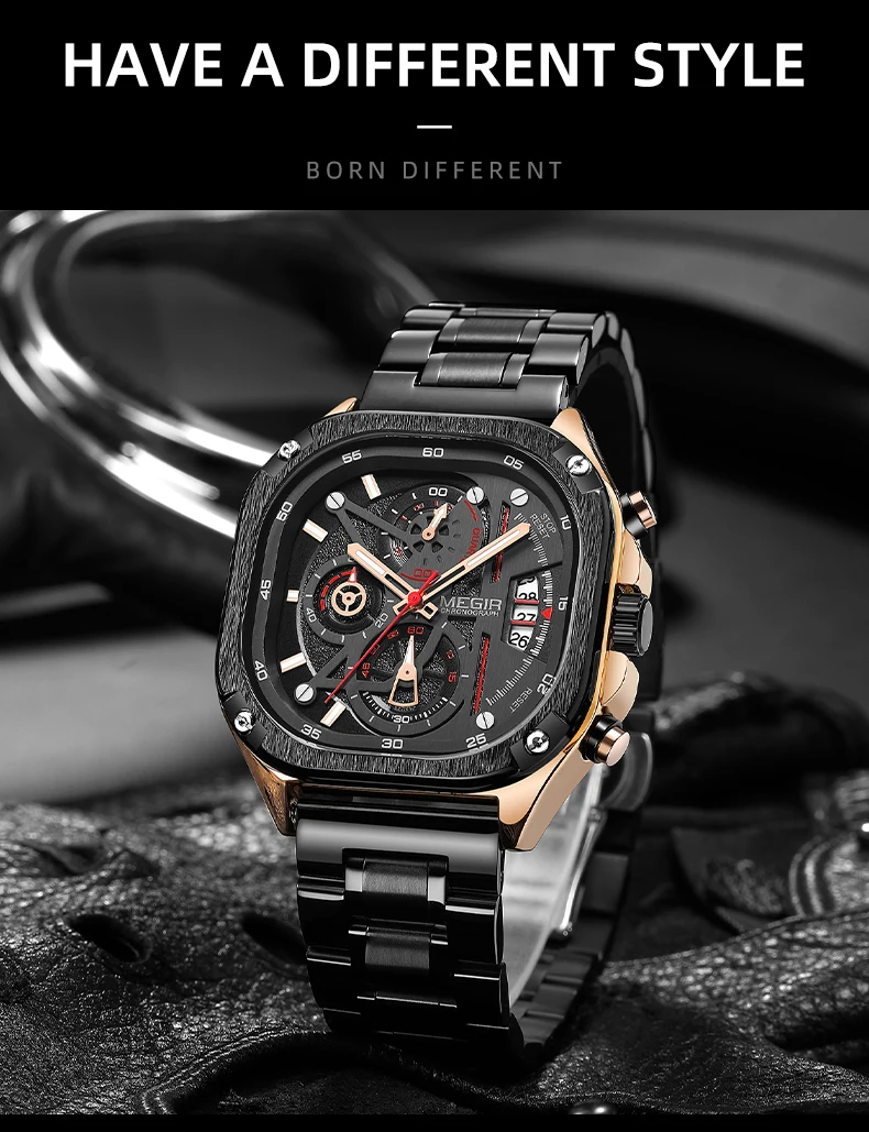 MEGIR Black Quartz Watch Men Waterproof Square Dial Wristwatch with Chronograph Stainless Steel Strap Luminous Hands Auto Date