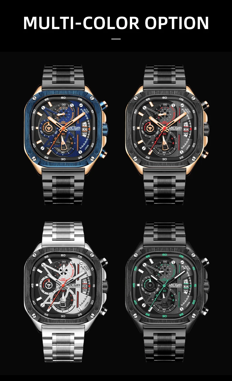 MEGIR Black Quartz Watch Men Waterproof Square Dial Wristwatch with Chronograph Stainless Steel Strap Luminous Hands Auto Date