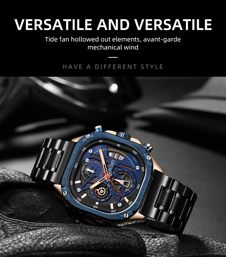 MEGIR Black Quartz Watch Men Waterproof Square Dial Wristwatch with Chronograph Stainless Steel Strap Luminous Hands Auto Date