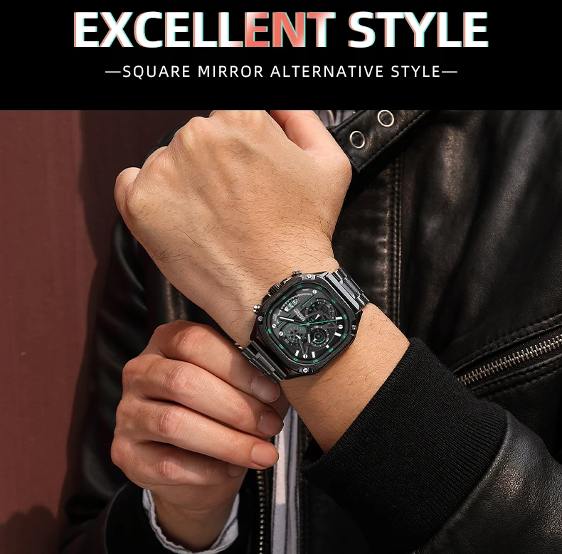 MEGIR Black Quartz Watch Men Waterproof Square Dial Wristwatch with Chronograph Stainless Steel Strap Luminous Hands Auto Date