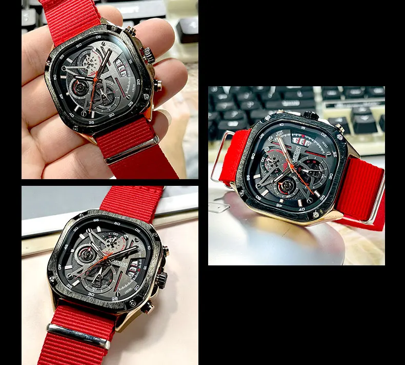 MEGIR Black Quartz Watch Men Waterproof Square Dial Wristwatch with Chronograph Stainless Steel Strap Luminous Hands Auto Date