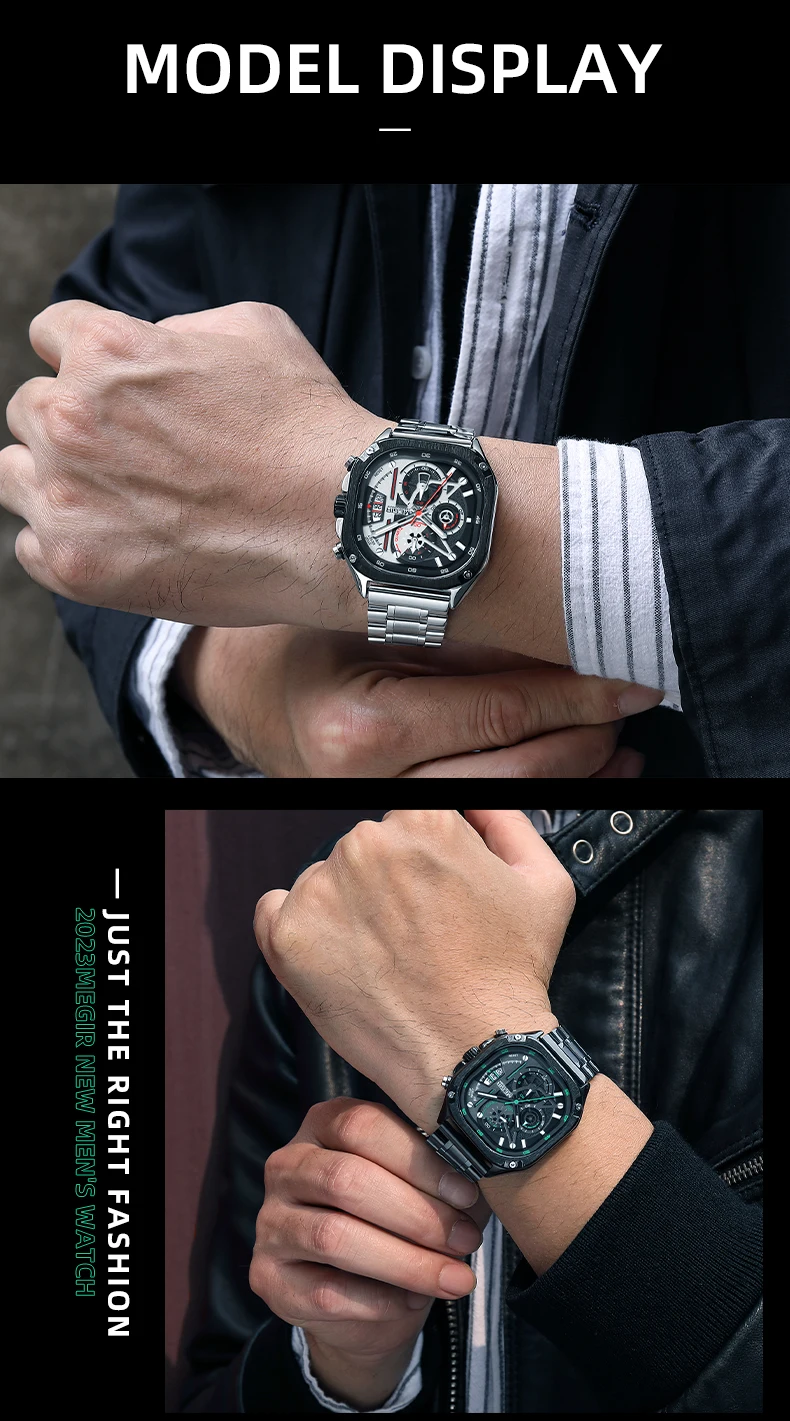 MEGIR Black Quartz Watch Men Waterproof Square Dial Wristwatch with Chronograph Stainless Steel Strap Luminous Hands Auto Date