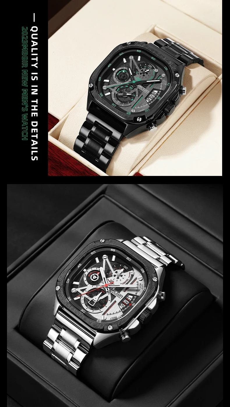 MEGIR Black Quartz Watch Men Waterproof Square Dial Wristwatch with Chronograph Stainless Steel Strap Luminous Hands Auto Date