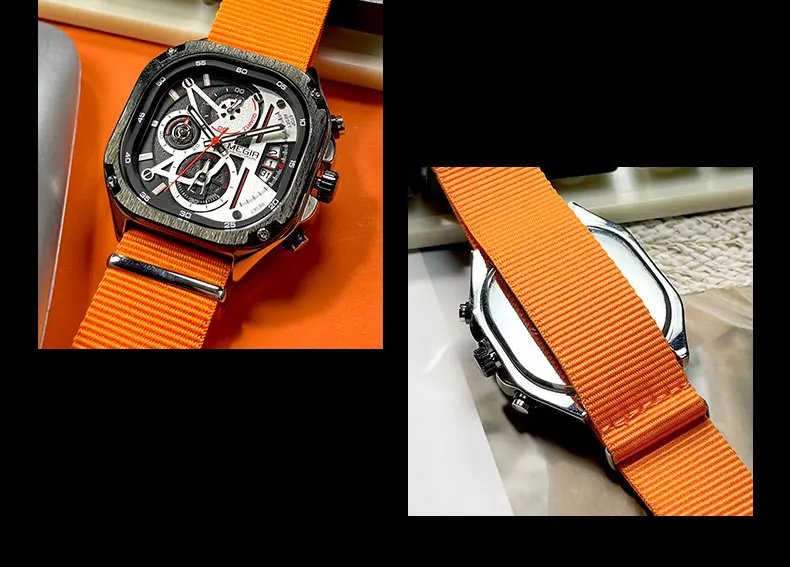 MEGIR Black Quartz Watch Men Waterproof Square Dial Wristwatch with Chronograph Stainless Steel Strap Luminous Hands Auto Date